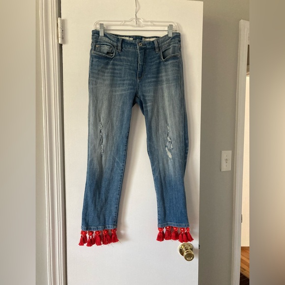Anthropologie Pilcro and the Letterpress Slim Boyfriend Red Tassel Cropped Jeans - Picture 4 of 12